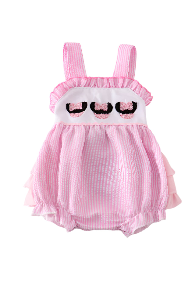Pink Character Seersucker Bubble with French Knot and ruffle