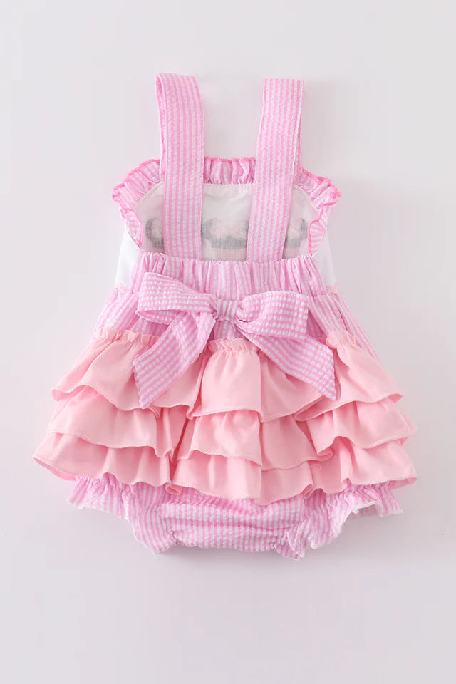 Pink Character Seersucker Bubble with French Knot and ruffle