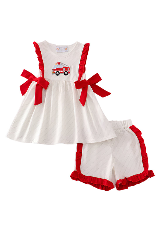 Red fire truck applique girl set