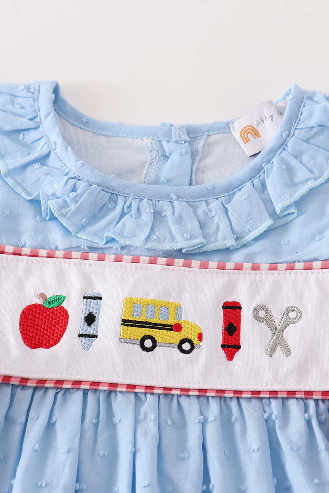 BLUE APPLE EMBROIDERY SWISS DOT DRESS