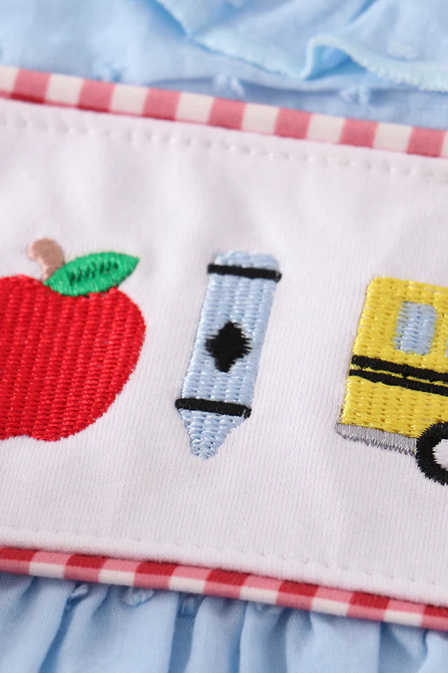BLUE APPLE EMBROIDERY SWISS DOT DRESS