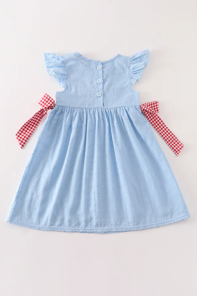 BLUE APPLE EMBROIDERY SWISS DOT DRESS