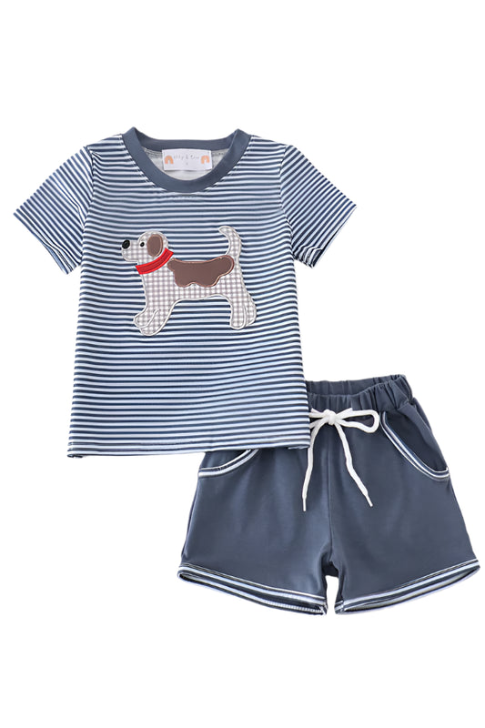 Navy stripe puppy applique boy set