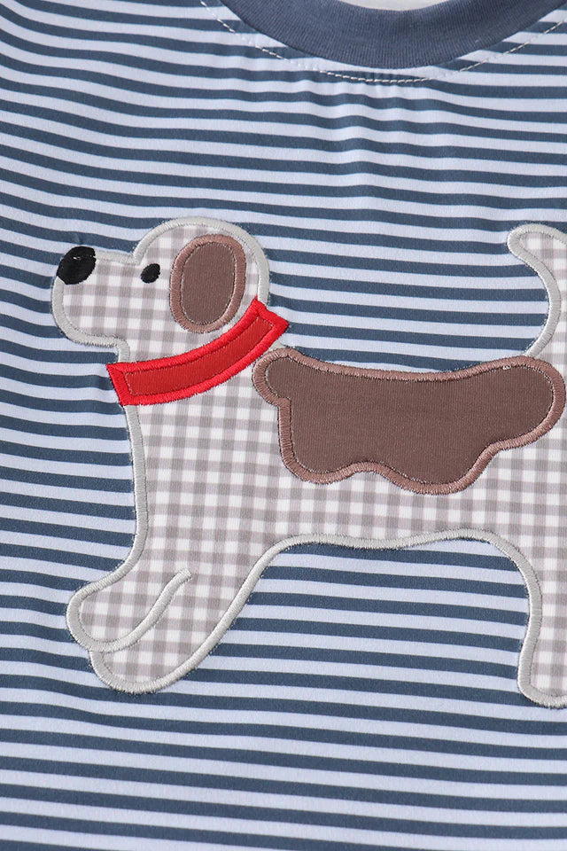 Navy stripe puppy applique boy set