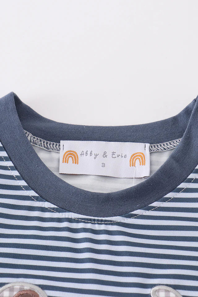 Navy stripe puppy applique boy set