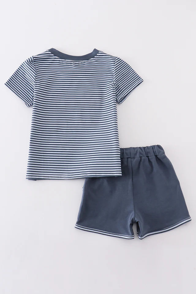 Navy stripe puppy applique boy set