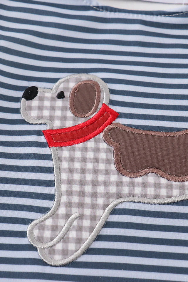 Navy stripe puppy applique boy jonjon