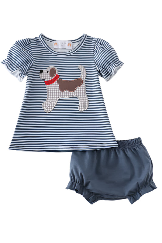Navy stripe puppy applique girl bloomer set