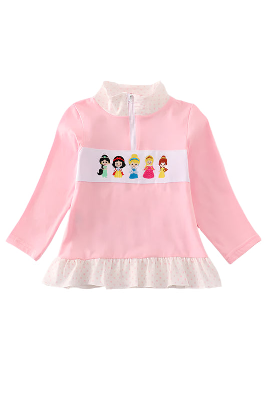 Pink character embroidery girl pullover
