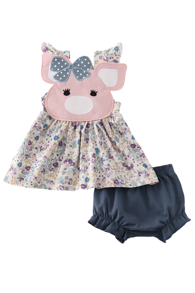 Pig floral print applique girl bloomer set