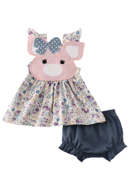 Pig floral print applique girl bloomer set