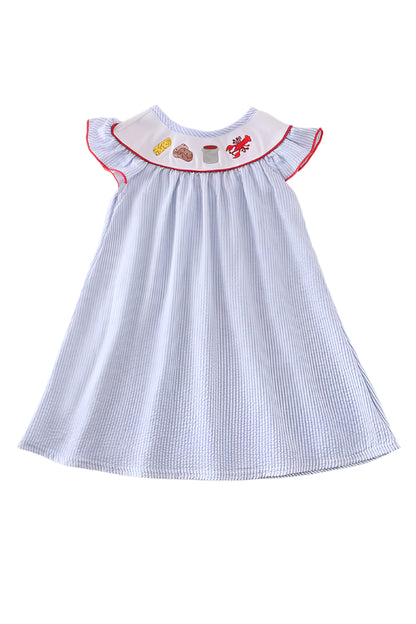 Blue seersucker crawfish embroidery girl dress