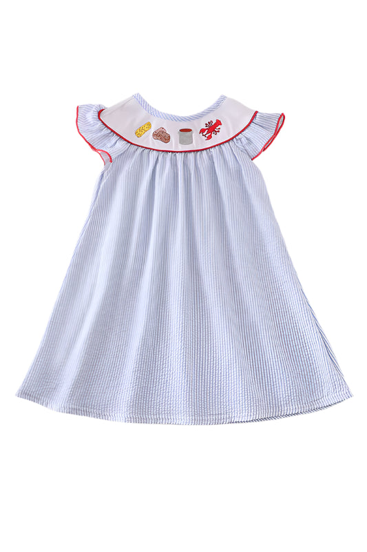 Blue seersucker crawfish embroidery girl dress