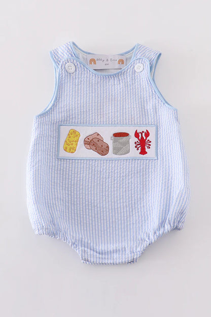 Blue seersucker crayfish embroidery boy bubble