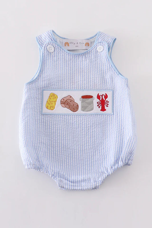 Blue seersucker crayfish embroidery boy bubble