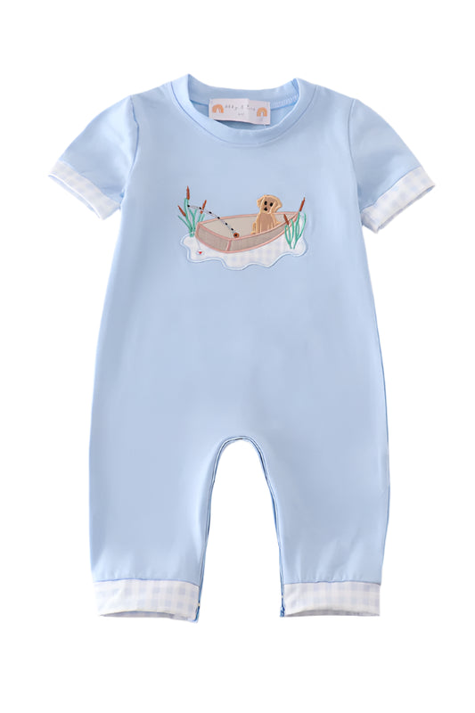 Blue fishing puppy applique boy romper
