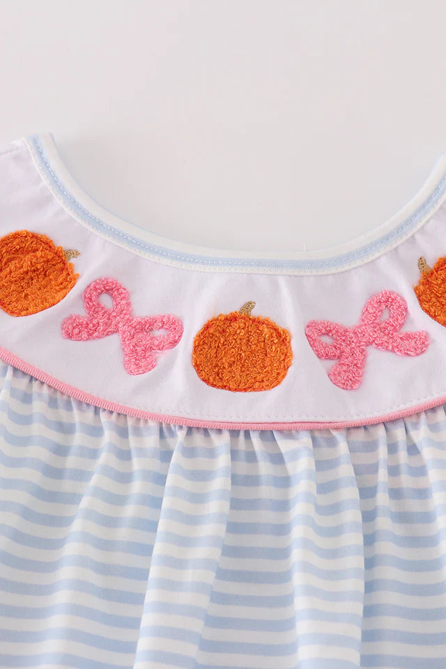 Blue stripe pumpkin french knot girl dress