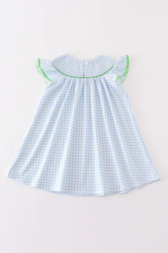 Blue christmas tree french knot smocked dress
