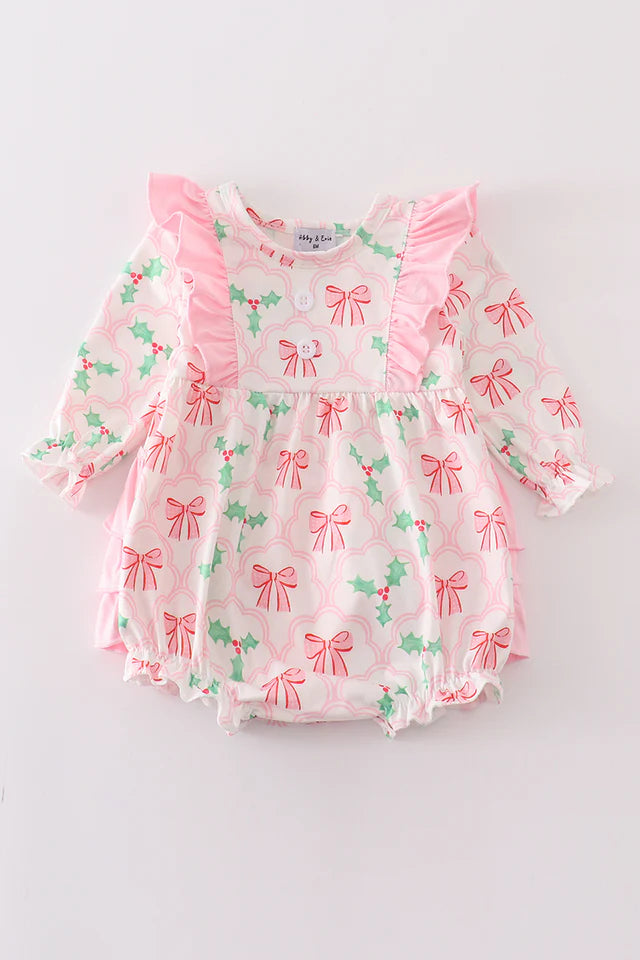Pink christmas holly bow print girl bubble