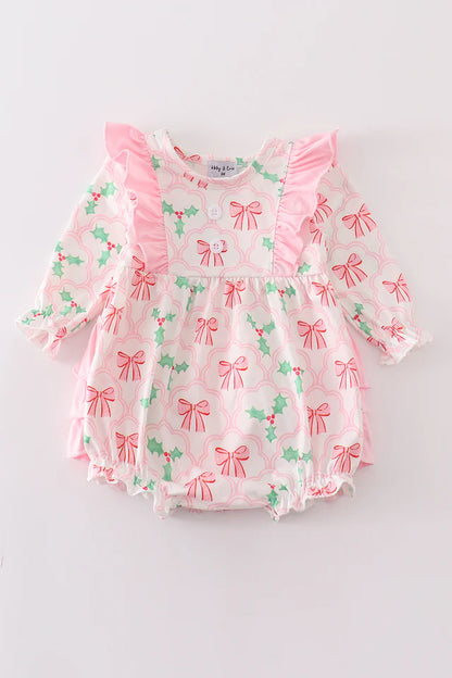 Pink christmas holly bow print girl bubble