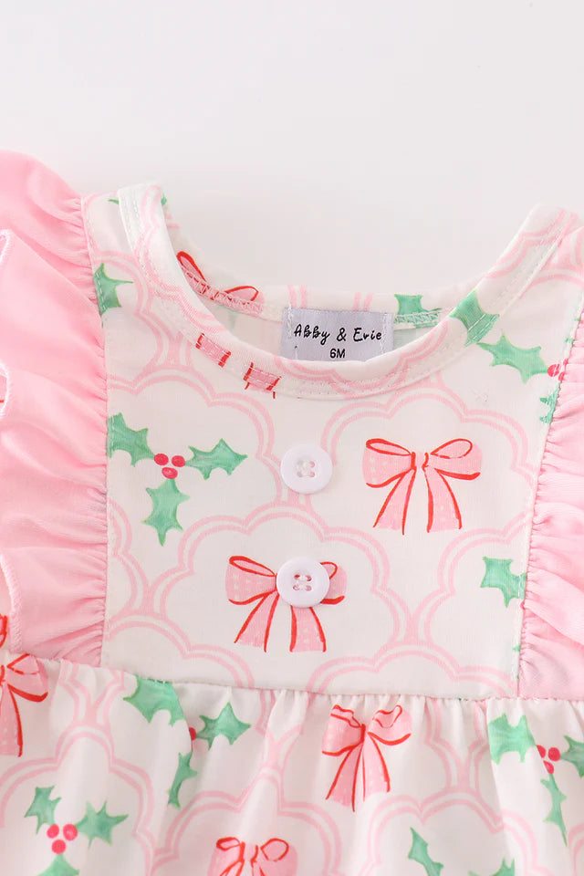 Pink christmas holly bow print girl bubble