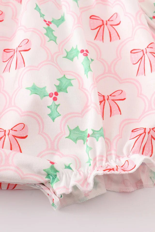 Pink christmas holly bow print girl bubble