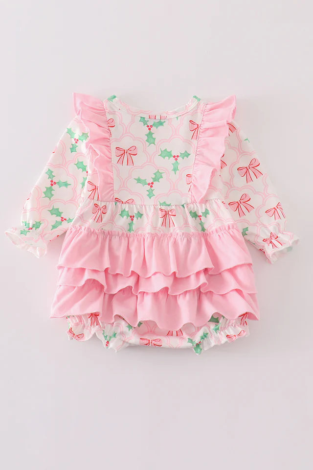Pink christmas holly bow print girl bubble