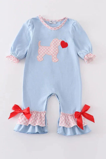 Blue heart puppy heart applique girl romper
