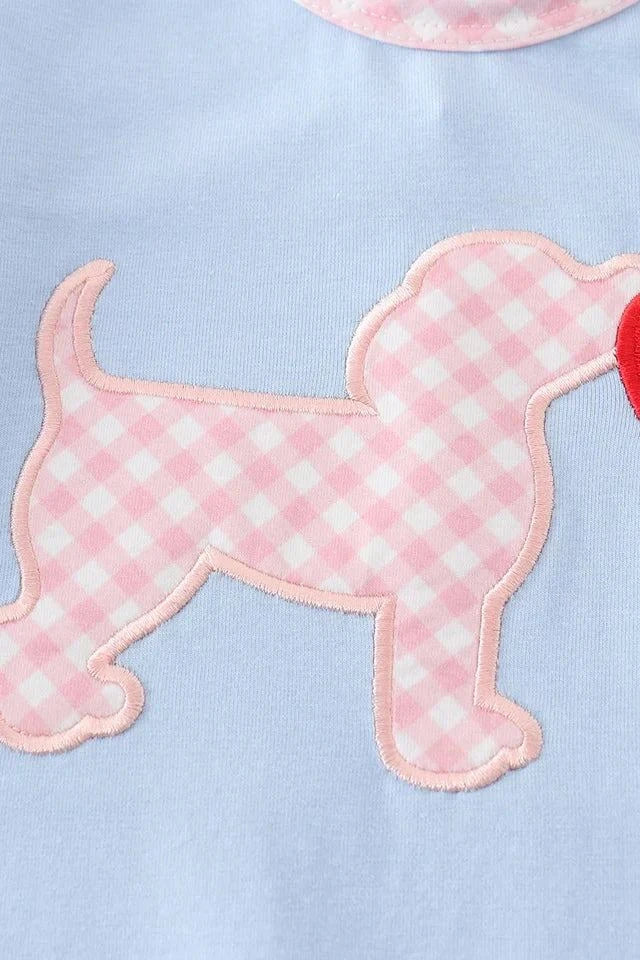 Blue heart puppy heart applique girl romper