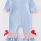 Blue heart puppy heart applique girl romper