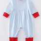 Blue stripe valentine puppy heart embroidery  romper