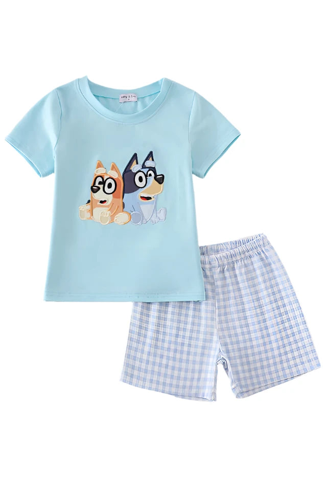 Blue character applique boy set