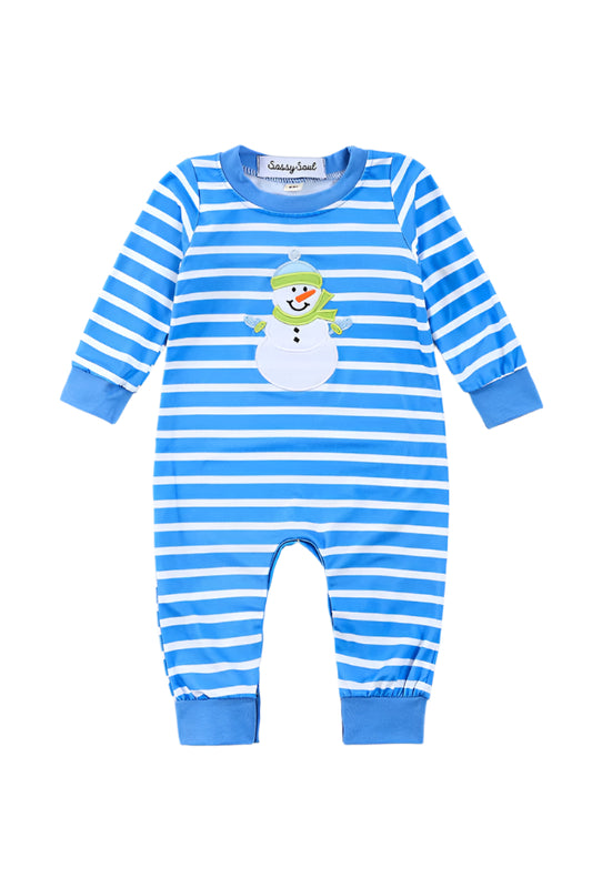 Blue stripe christmas snowman applique boy romper