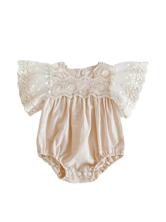 Neutral Lace Sleeve Onesie with flutter sleeves