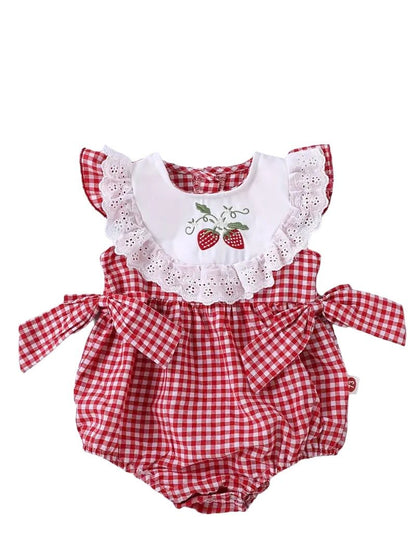 Red Gingham Strawberry Romper with side bows