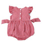 Red Gingham Strawberry Romper with side bows back