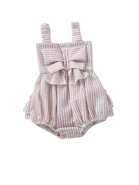 Striped seersucker ruffle trim bubble with large bow