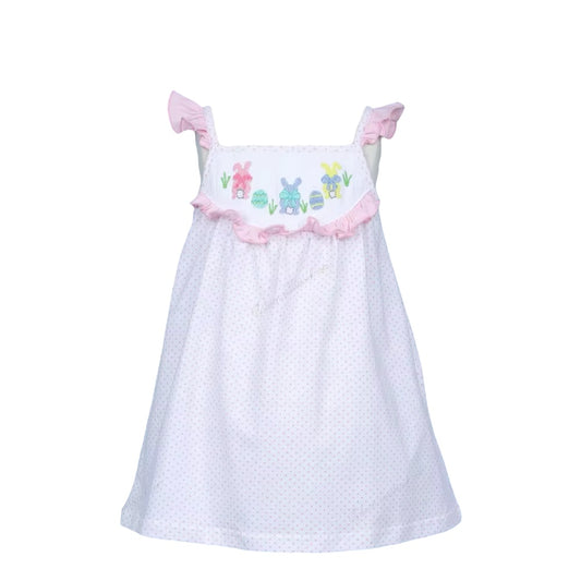 Hand-smocked Easter theme in white with tiny pink dot printed fabric dress