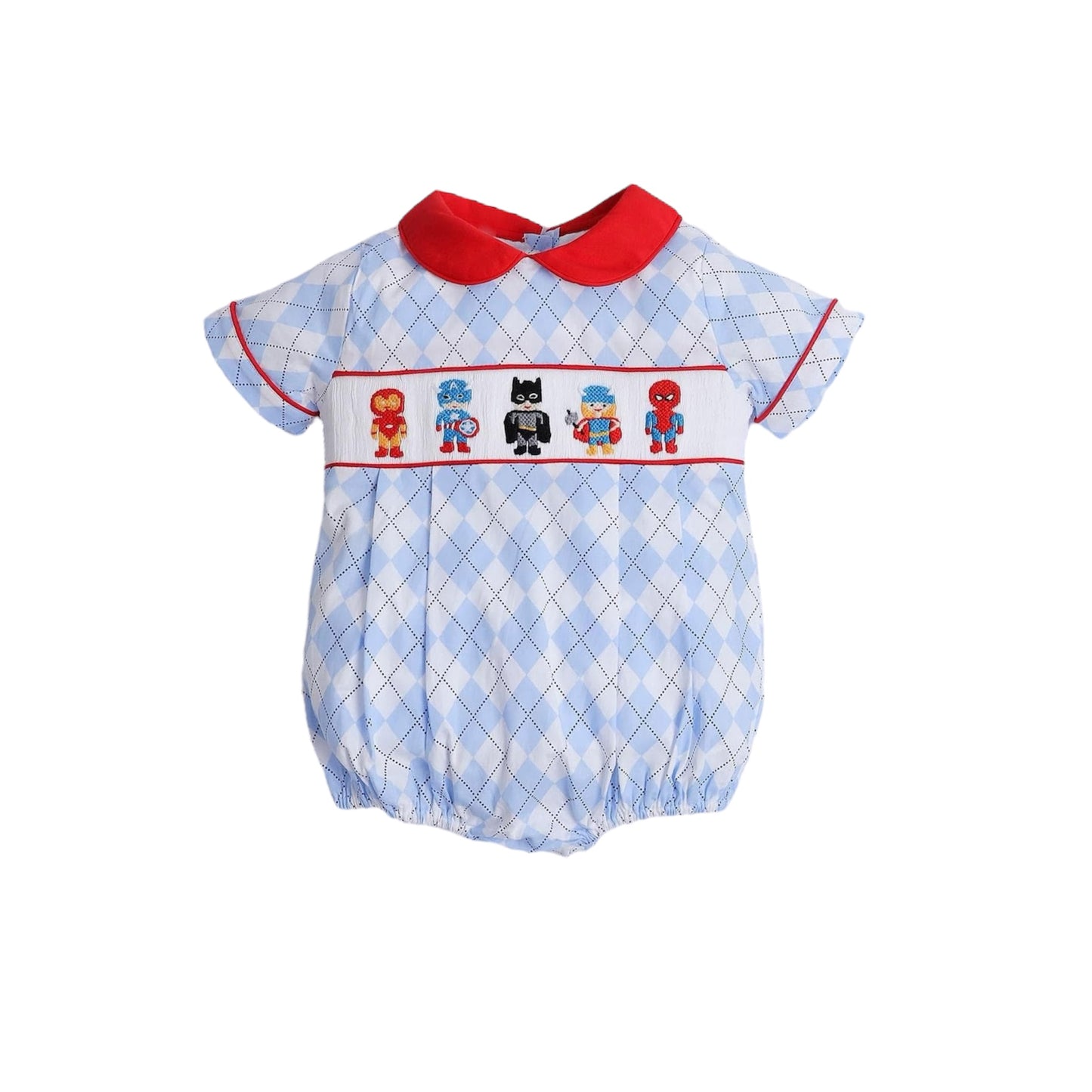 Argyle pattern boy bubble with smocked heroes