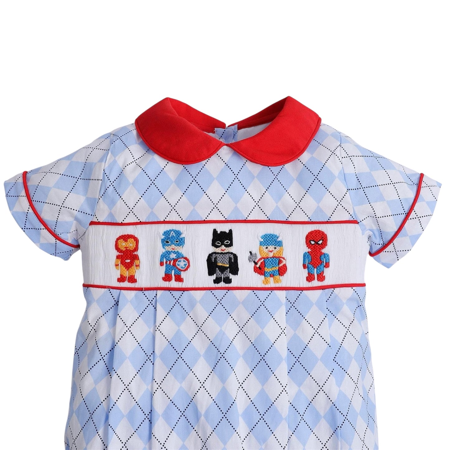 Argyle pattern boy bubble with smocked heroes