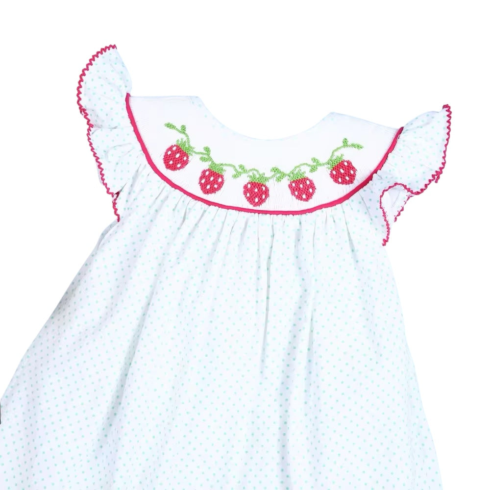 Cute smocked strawberry mint dotted baby dress