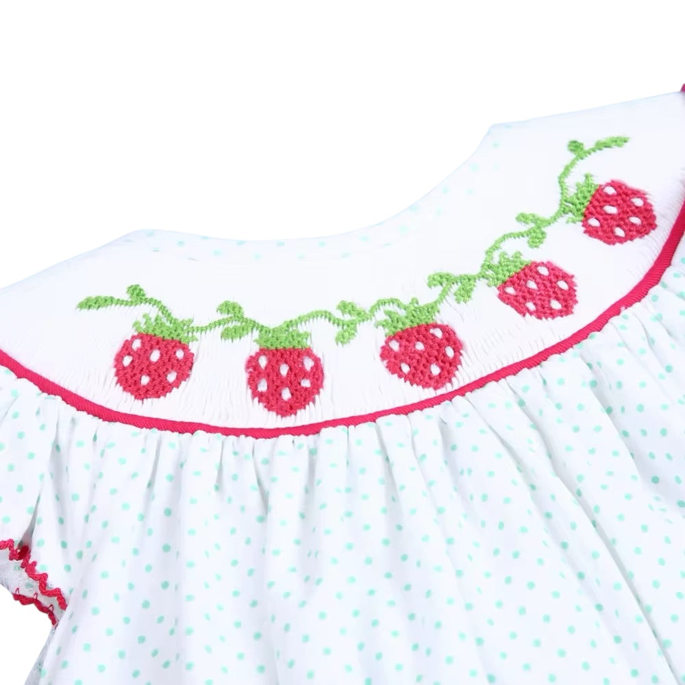 Cute smocked strawberry mint dotted baby dress