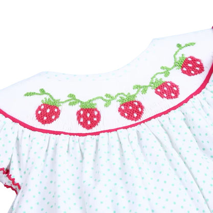 Cute smocked strawberry mint dotted baby dress