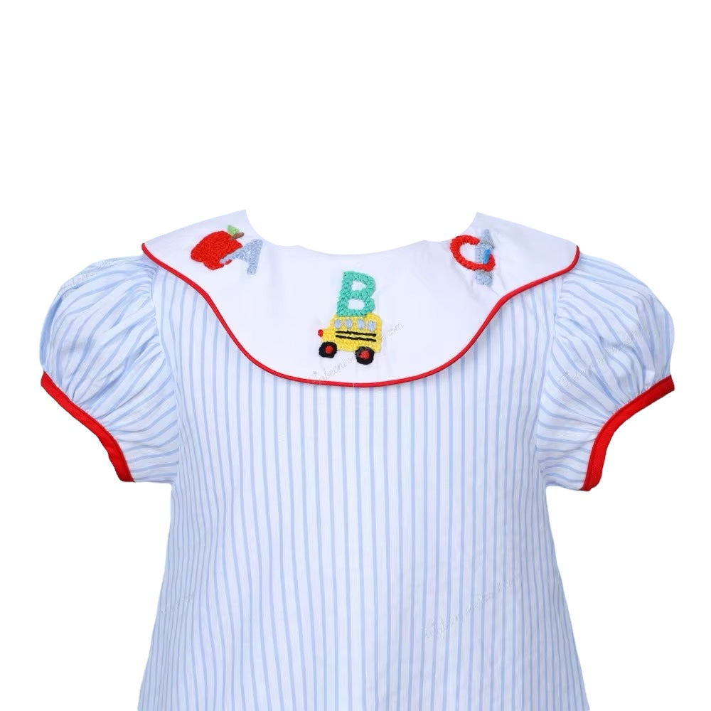 School Bishop Dress In Blue With Hand Embroidered Details
