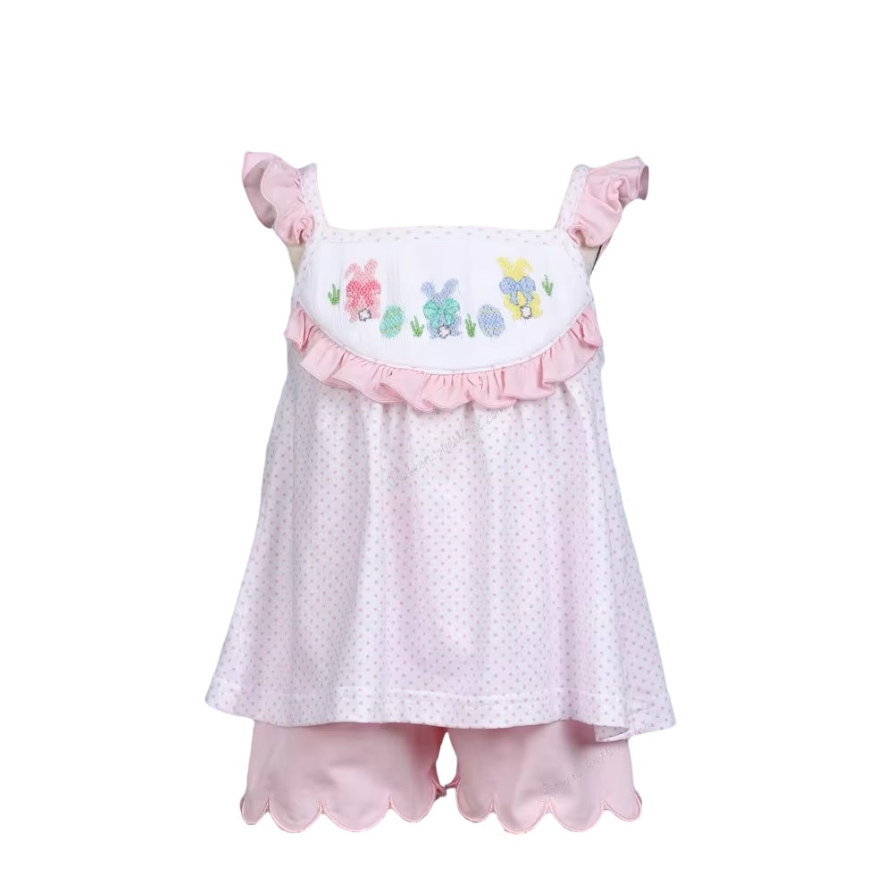 Hand-smocked white with tiny pink dot printed baby 2 pcs set