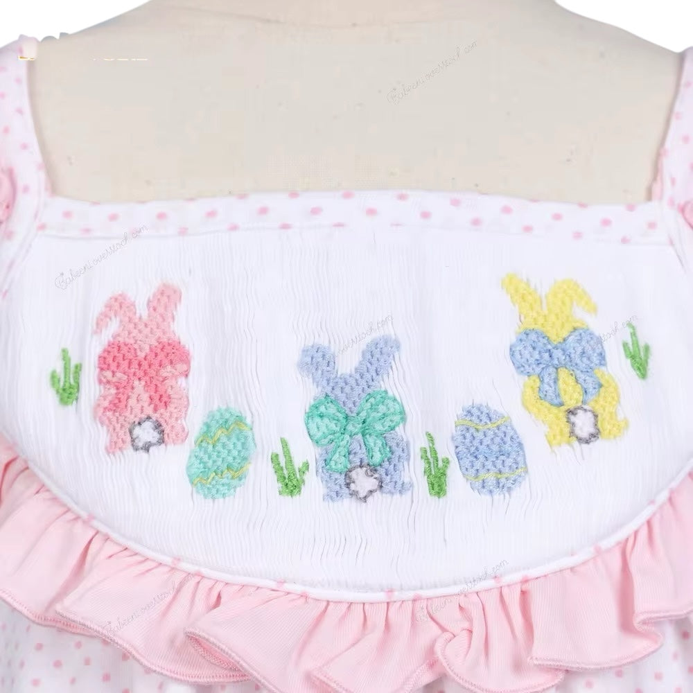 Hand-smocked white with tiny pink dot printed baby 2 pcs set