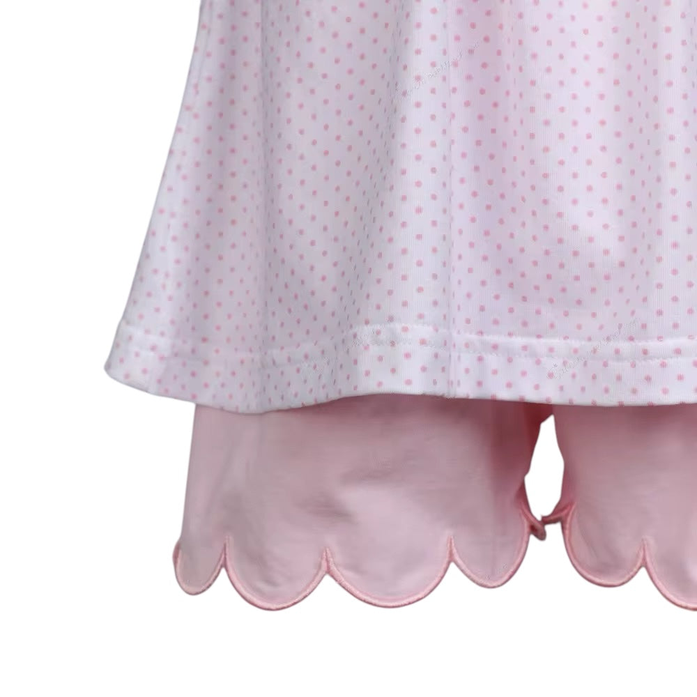 Hand-smocked white with tiny pink dot printed baby 2 pcs set