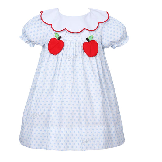 School Girl Dress Tiny Blue Dots With Apple Embroidered
