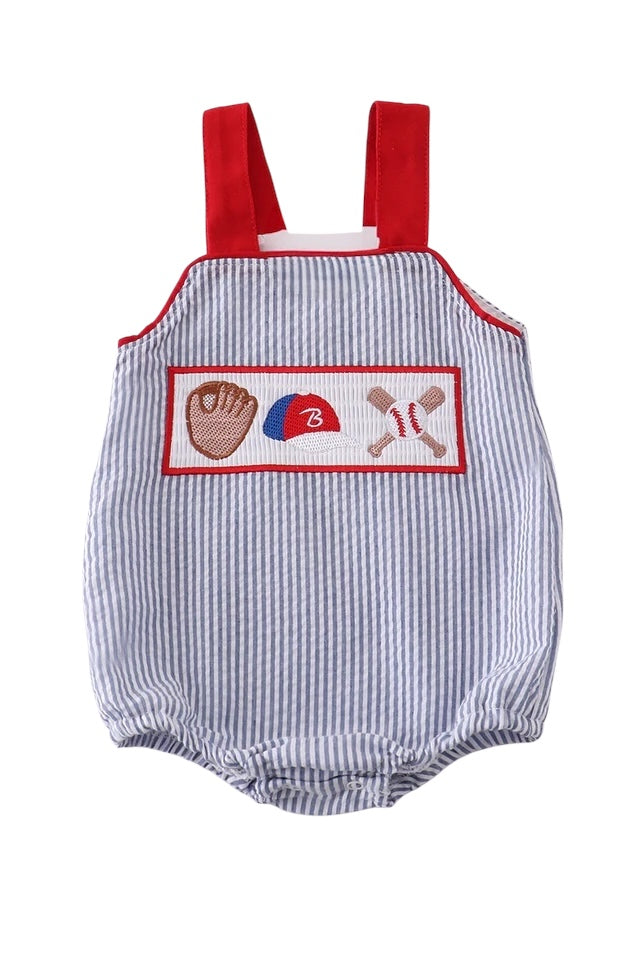 RED BASEBALL EMBROIDERY SMOCKED BUBBLE