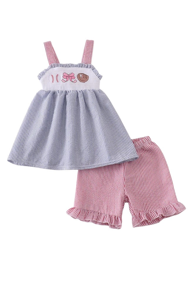 PINK BASEBALL EMBROIDERY SMOCKED SET